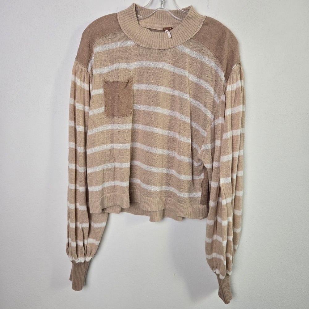 Free People Women Between the Lines Lightweight Pullover Sweater Cropped Beige L